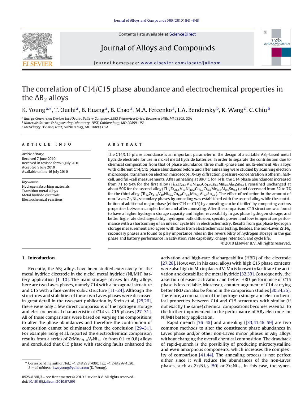 عکس صفحه اول مقاله: The correlation of C14/C15 phase abundance and electrochemical properties in the AB2 alloys The correlation of C14/C15 phase abundance and electrochemical properties in the AB2 alloys