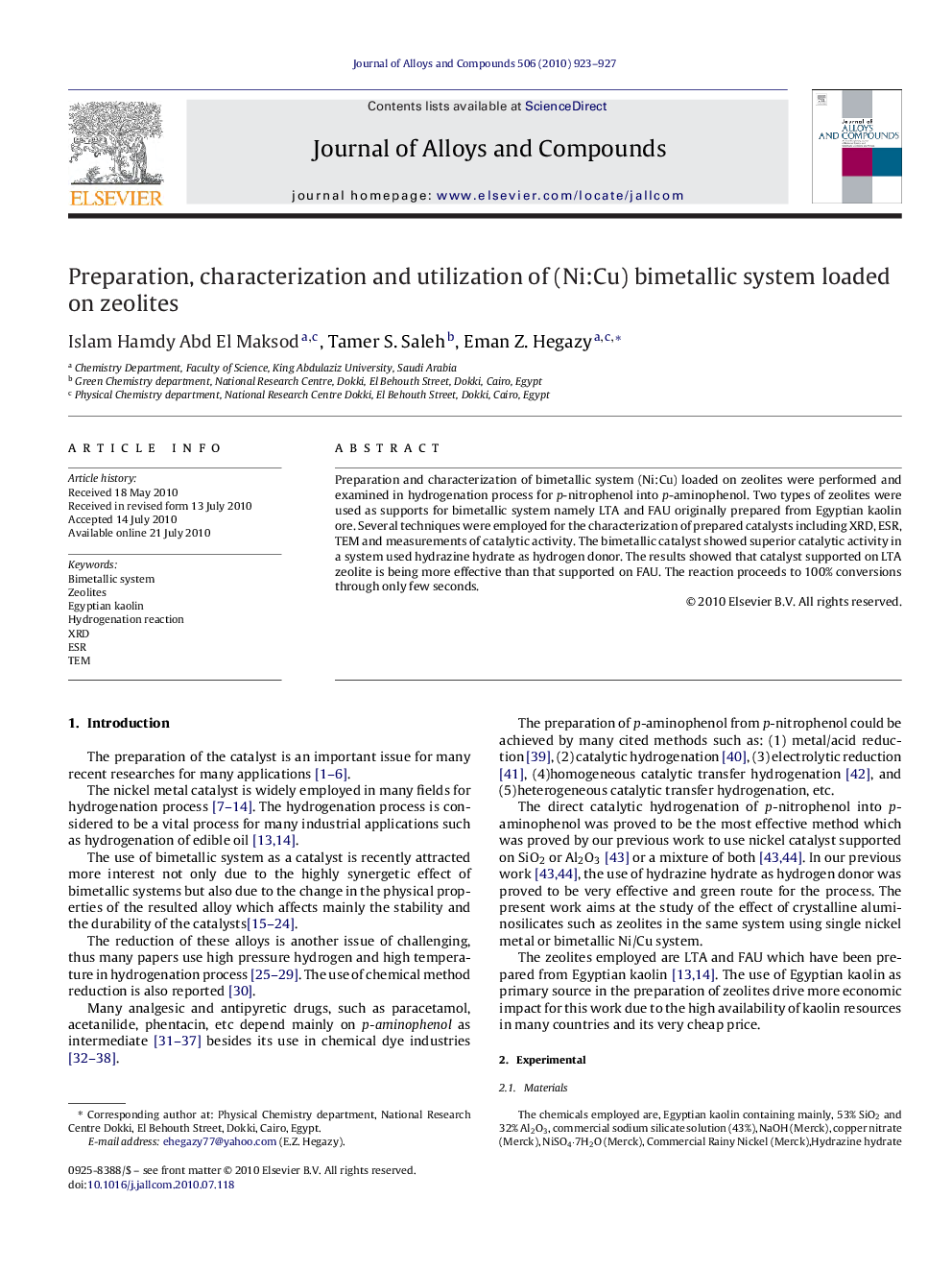 Preparation, characterization and utilization of (Ni:Cu) bimetallic system loaded on zeolites