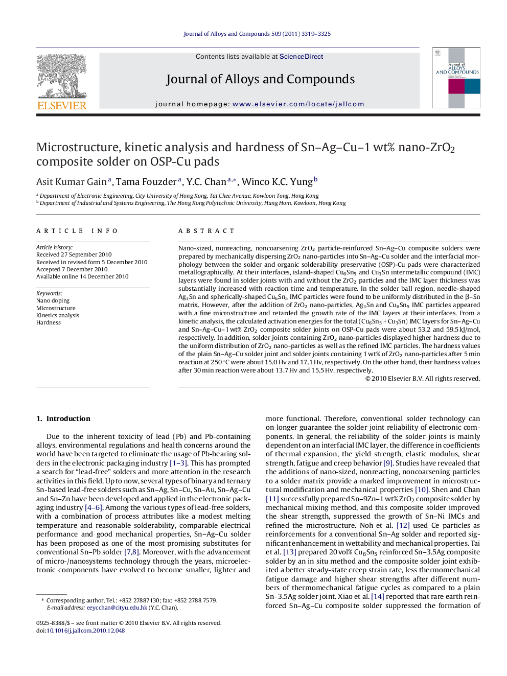 Microstructure, kinetic analysis and hardness of Sn–Ag–Cu–1 wt% nano-ZrO2 composite solder on OSP-Cu pads