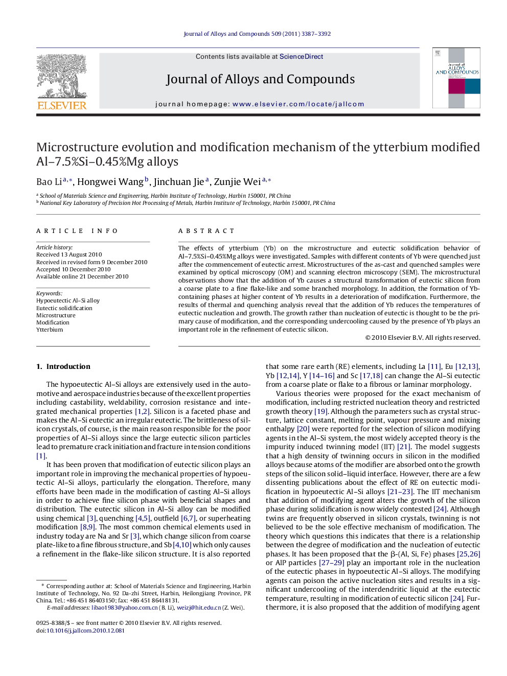 Microstructure evolution and modification mechanism of the ytterbium modified Al–7.5%Si–0.45%Mg alloys