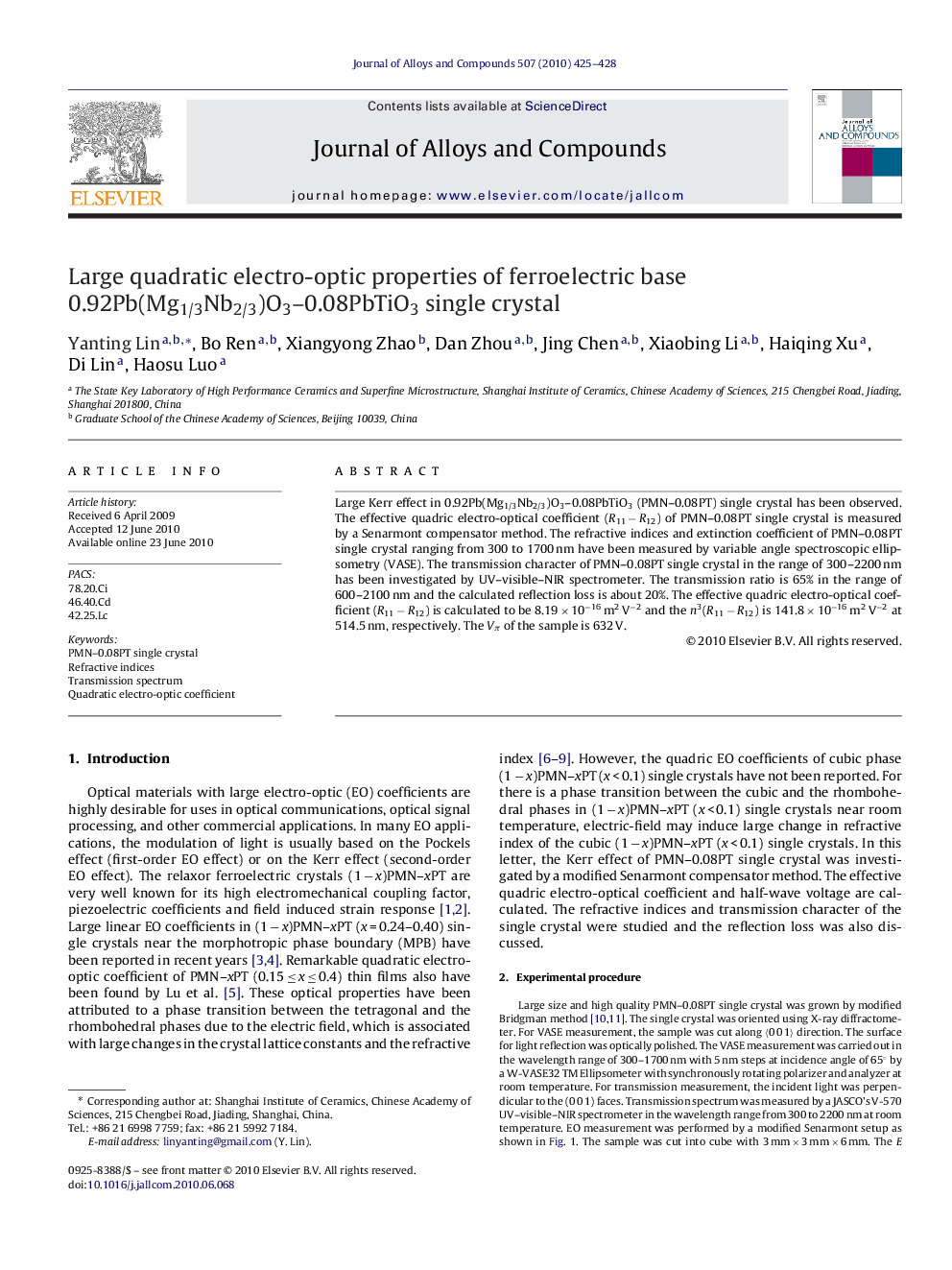 Large quadratic electro-optic properties of ferroelectric base 0.92Pb(Mg1/3Nb2/3)O3–0.08PbTiO3 single crystal