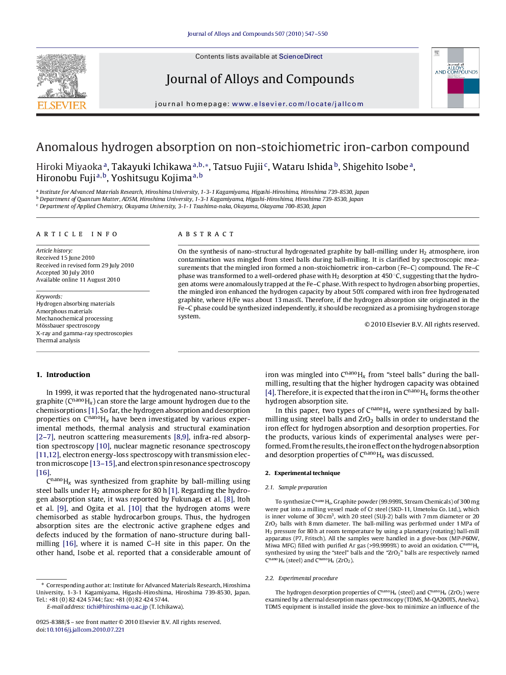 Anomalous hydrogen absorption on non-stoichiometric iron-carbon compound