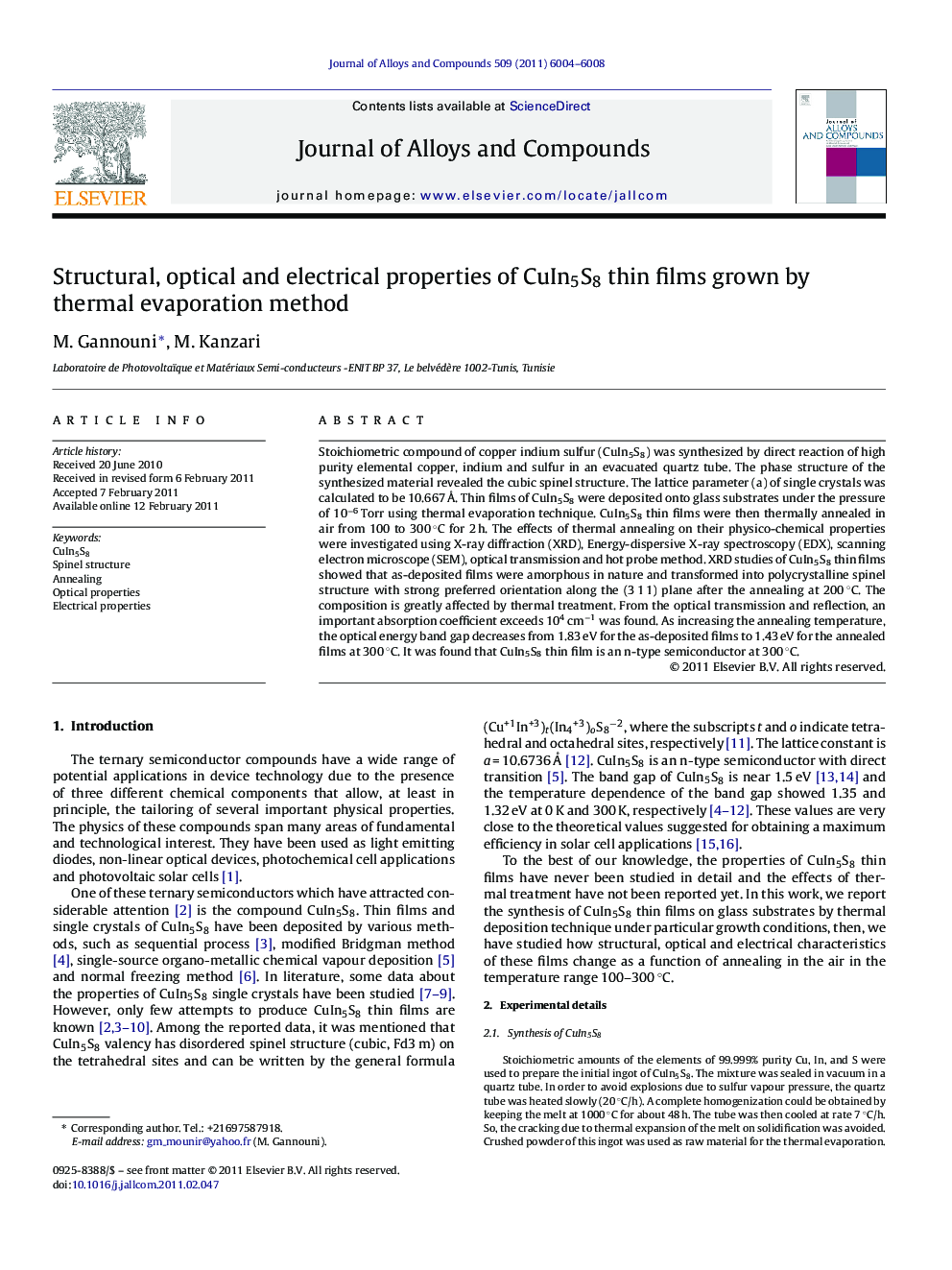 Structural, optical and electrical properties of CuIn5S8 thin films grown by thermal evaporation method