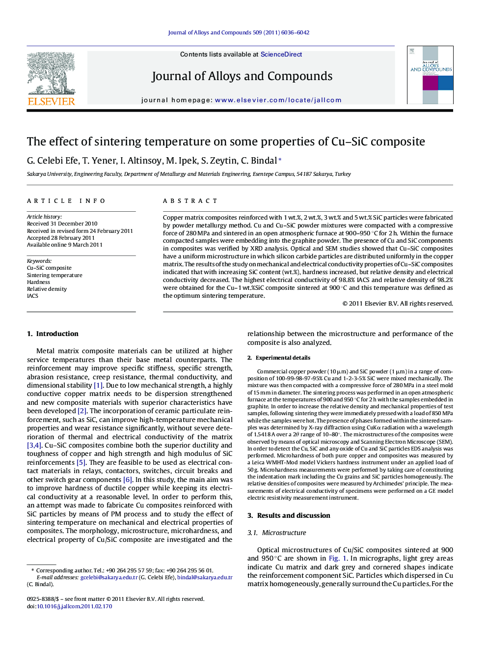 The effect of sintering temperature on some properties of Cu–SiC composite