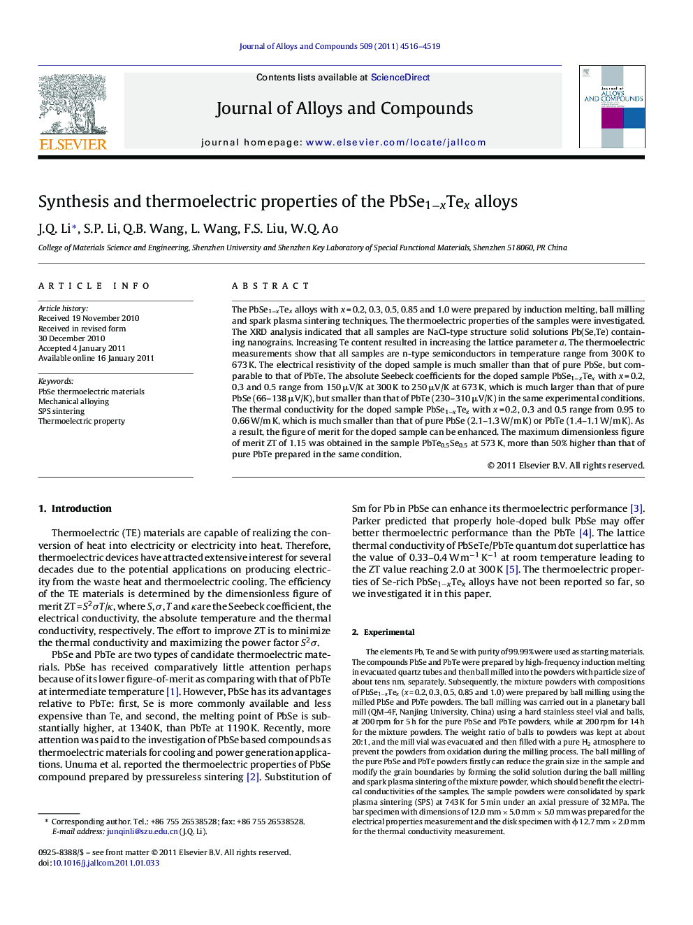 Synthesis and thermoelectric properties of the PbSe1−xTex alloys