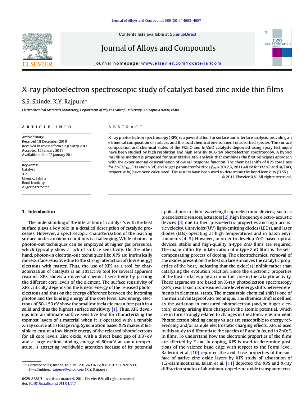 X-ray photoelectron spectroscopic study of catalyst based zinc oxide thin films