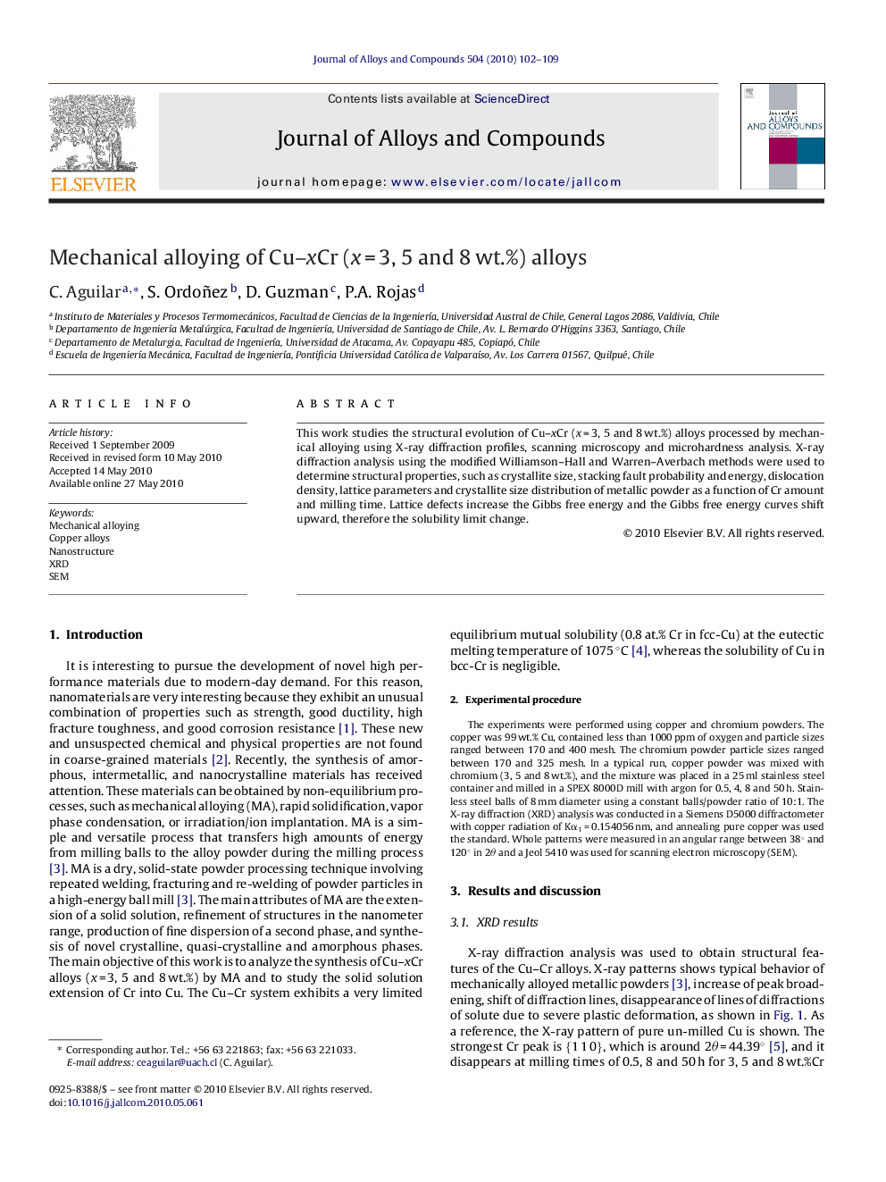 Mechanical alloying of Cu–xCr (x = 3, 5 and 8 wt.%) alloys