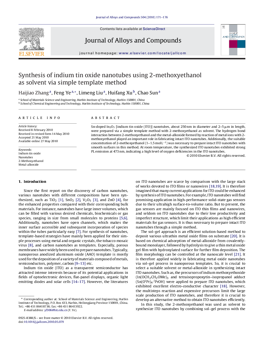 Synthesis of indium tin oxide nanotubes using 2-methoxyethanol as solvent via simple template method