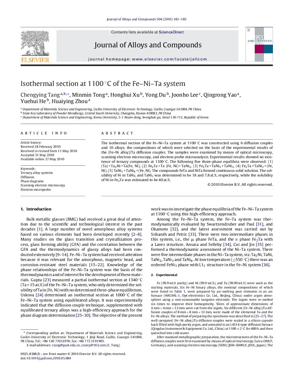 Isothermal section at 1100 °C of the Fe–Ni–Ta system