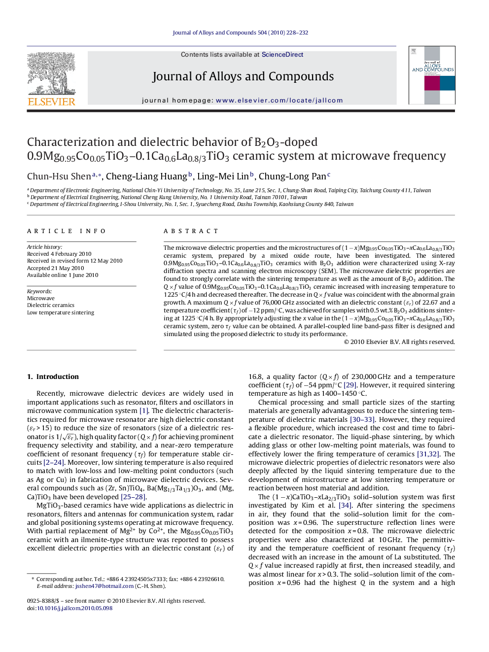 Characterization and dielectric behavior of B2O3-doped 0.9Mg0.95Co0.05TiO3-0.1Ca0.6La0.8/3TiO3 ceramic system at microwave frequency