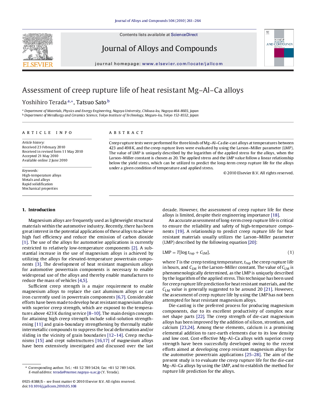 Assessment of creep rupture life of heat resistant Mg–Al–Ca alloys