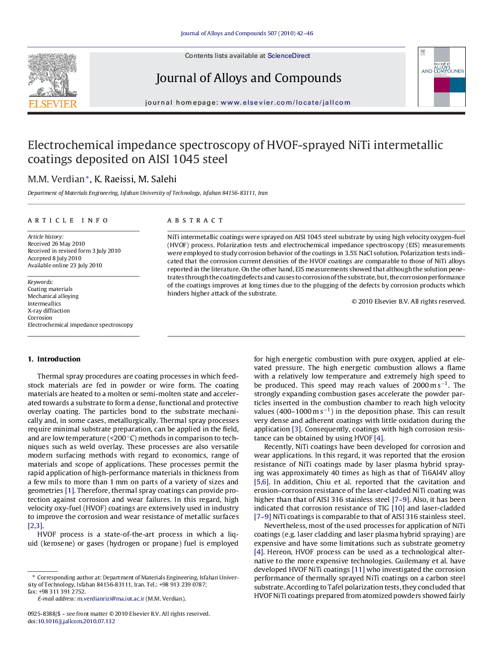 Electrochemical impedance spectroscopy of HVOF-sprayed NiTi intermetallic coatings deposited on AISI 1045 steel