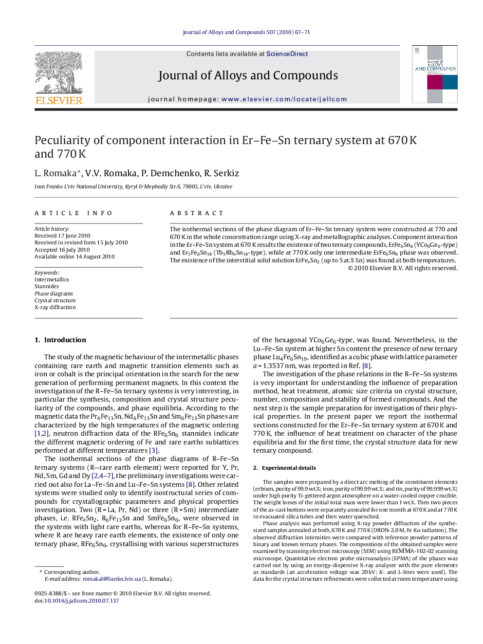 Peculiarity of component interaction in Er–Fe–Sn ternary system at 670 K and 770 K