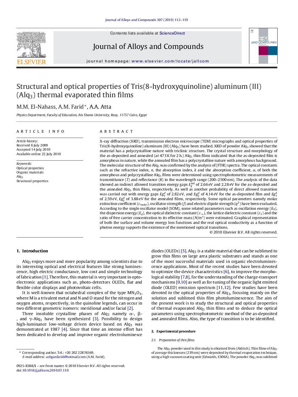 Structural and optical properties of Tris(8-hydroxyquinoline) aluminum (III) (Alq3) thermal evaporated thin films