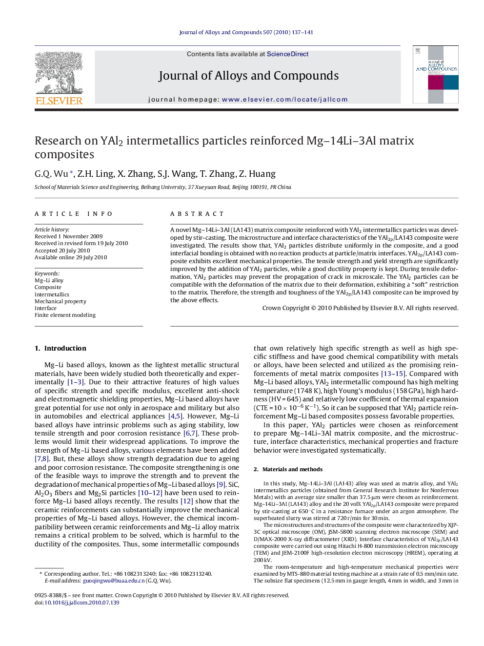 Research on YAl2 intermetallics particles reinforced Mg-14Li-3Al matrix composites