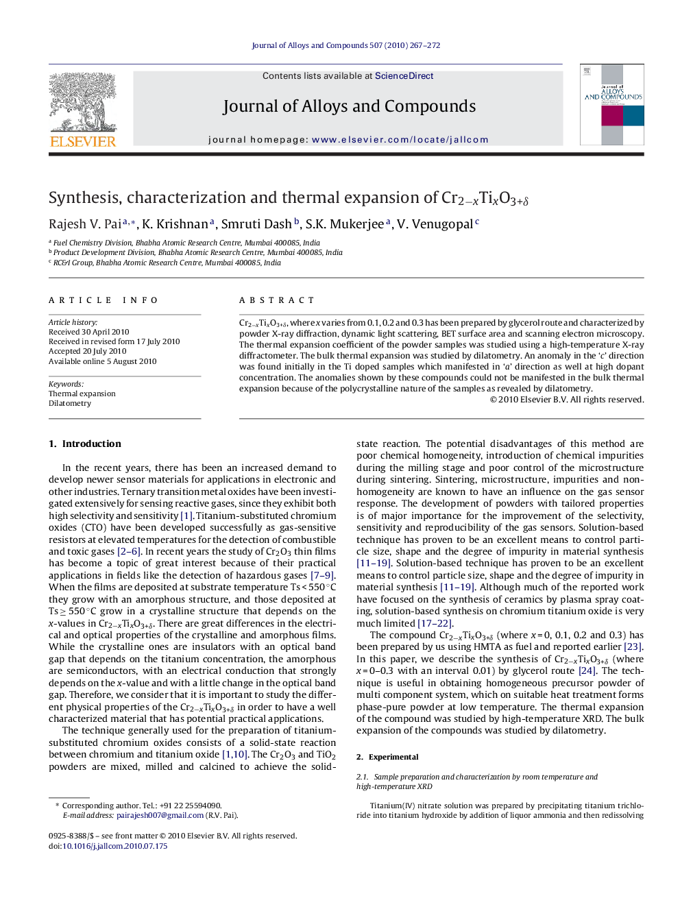 Synthesis, characterization and thermal expansion of Cr2âxTixO3+Î´