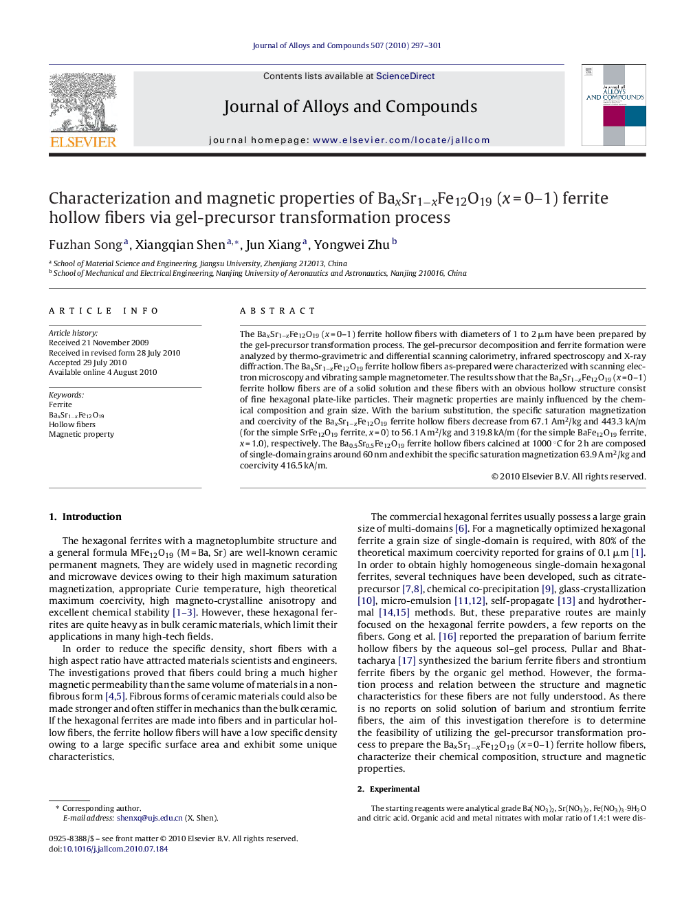Characterization and magnetic properties of BaxSr1−xFe12O19 (x = 0–1) ferrite hollow fibers via gel-precursor transformation process