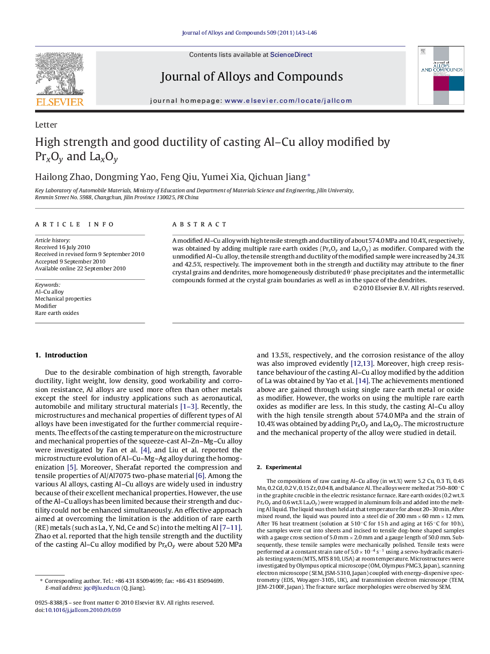 High strength and good ductility of casting Al–Cu alloy modified by PrxOy and LaxOy