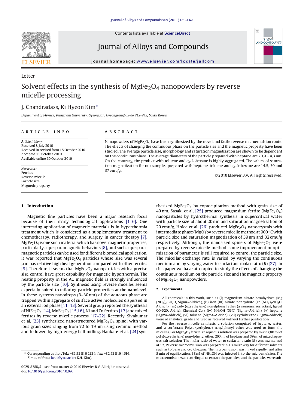 Solvent effects in the synthesis of MgFe2O4 nanopowders by reverse micelle processing