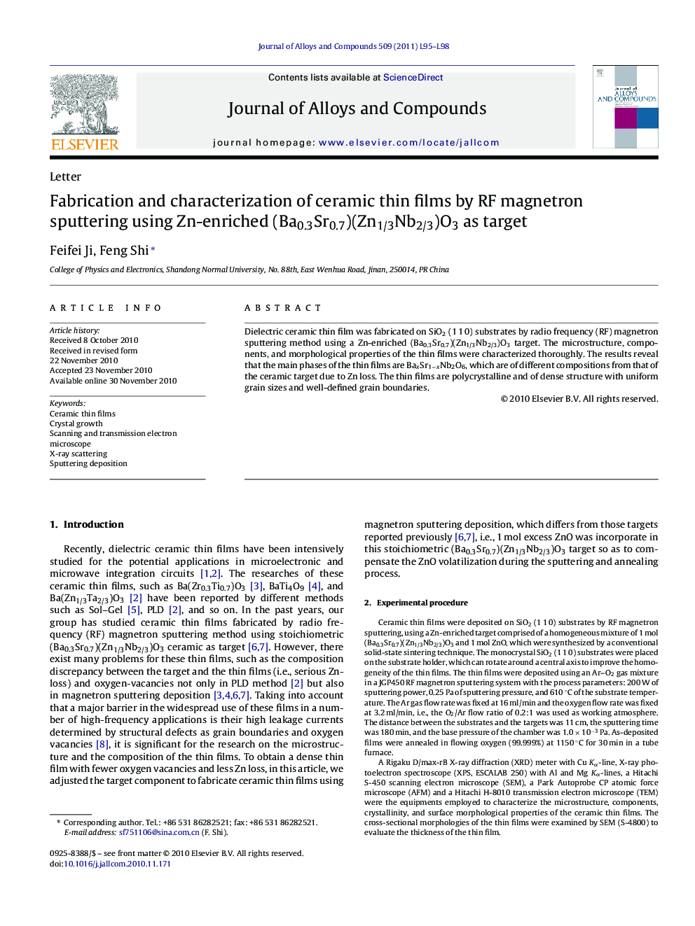 Fabrication and characterization of ceramic thin films by RF magnetron sputtering using Zn-enriched (Ba0.3Sr0.7)(Zn1/3Nb2/3)O3 as target