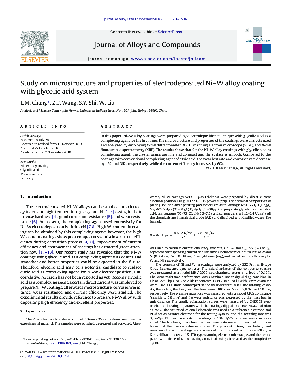 Study on microstructure and properties of electrodeposited Ni–W alloy coating with glycolic acid system