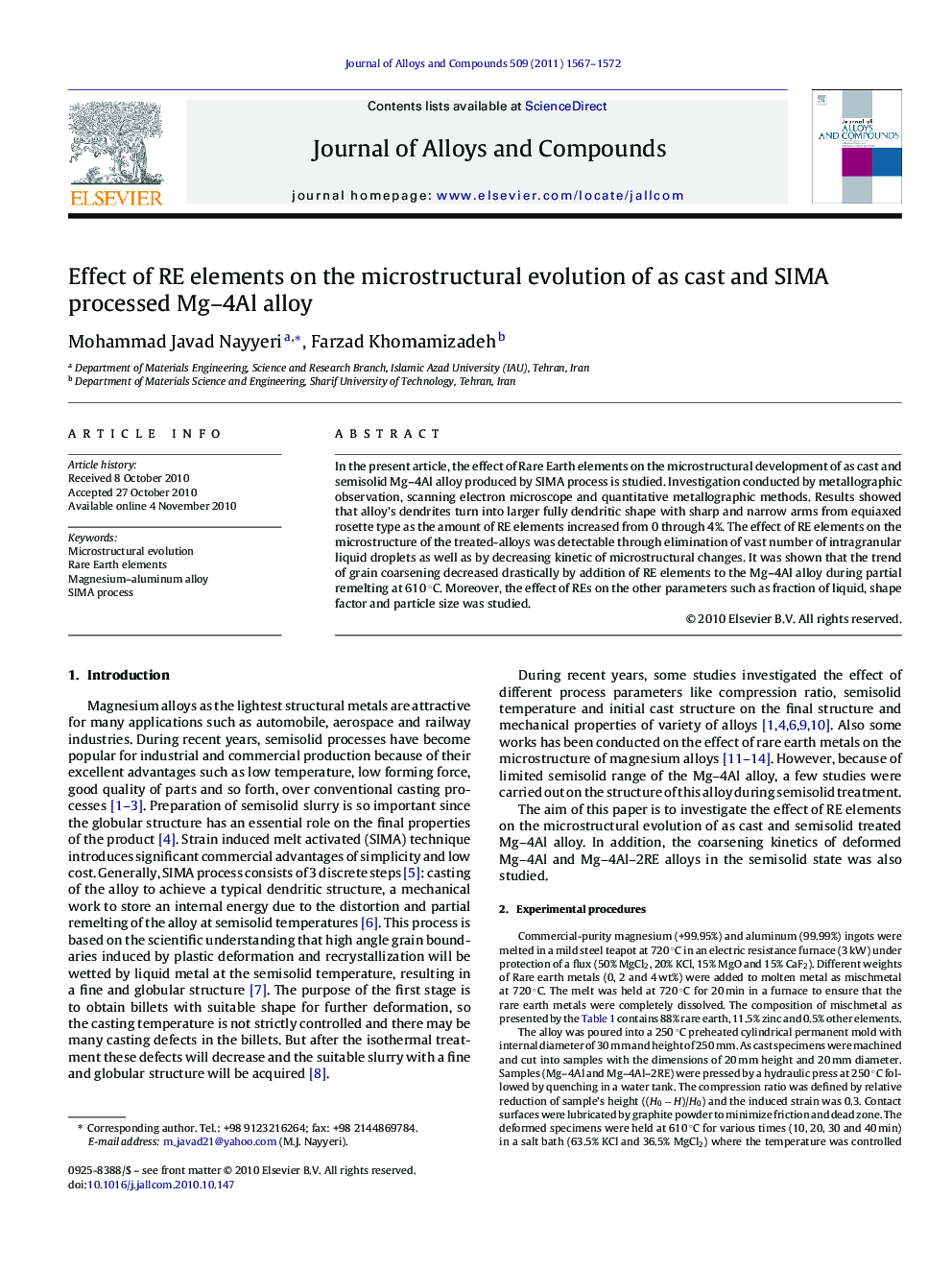 Effect of RE elements on the microstructural evolution of as cast and SIMA processed Mg–4Al alloy