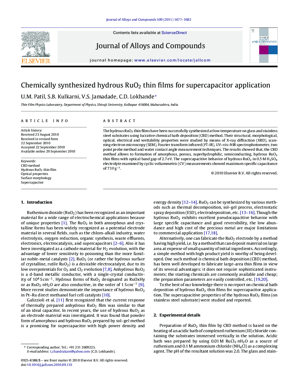 Chemically synthesized hydrous RuO2 thin films for supercapacitor application