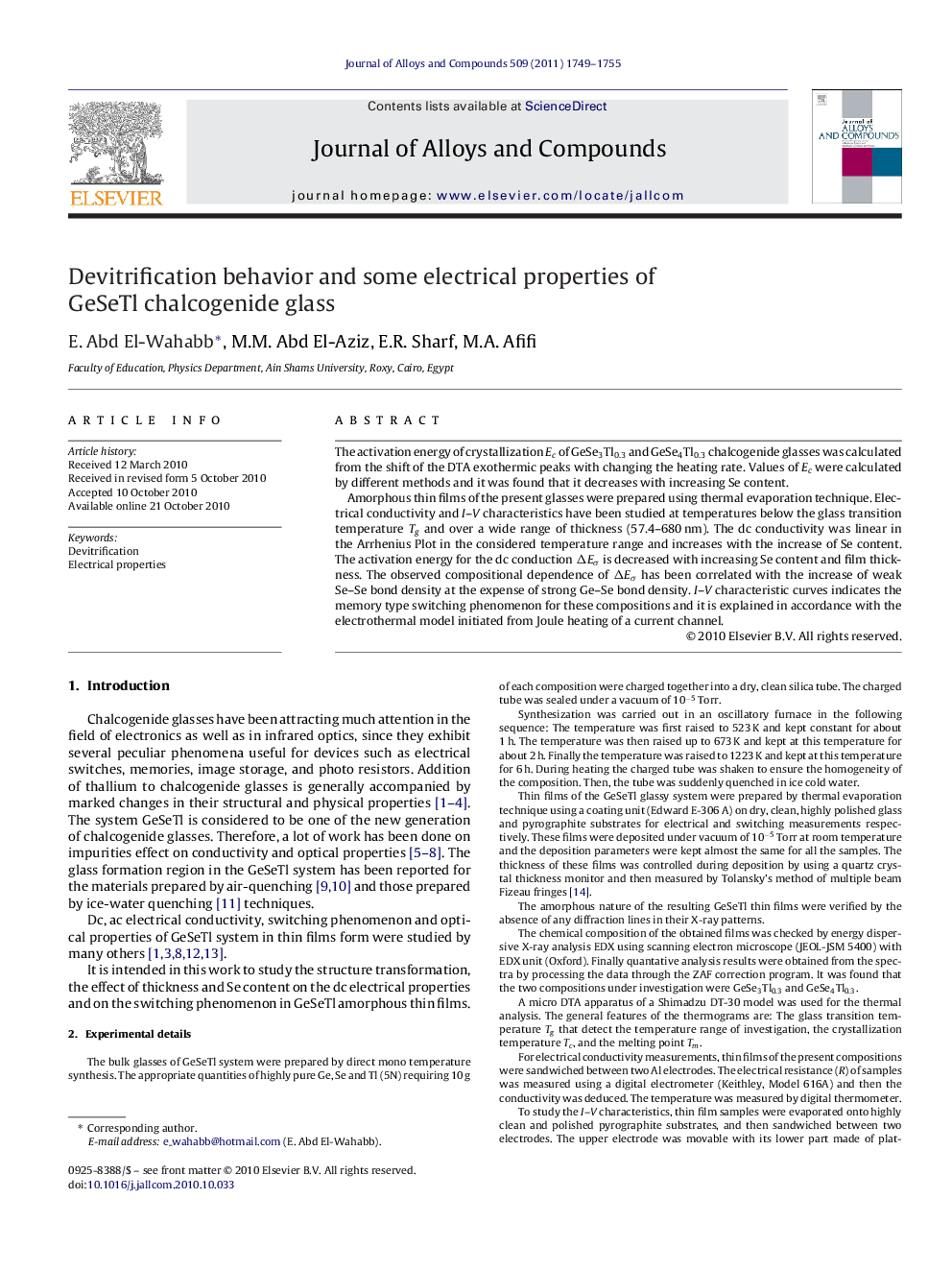 Devitrification behavior and some electrical properties of GeSeTl chalcogenide glass