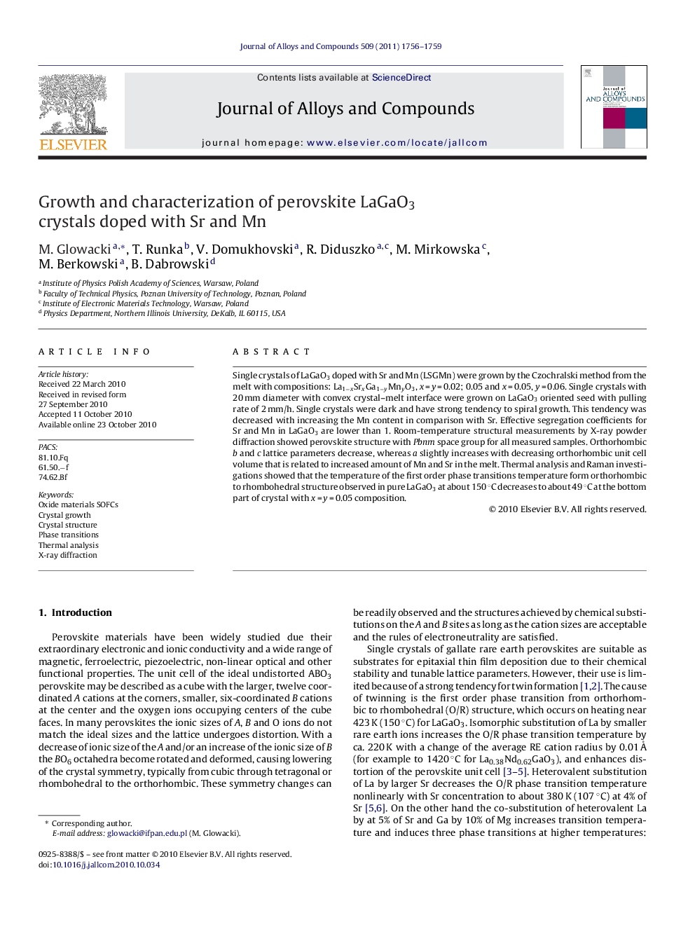 Growth and characterization of perovskite LaGaO3 crystals doped with Sr and Mn