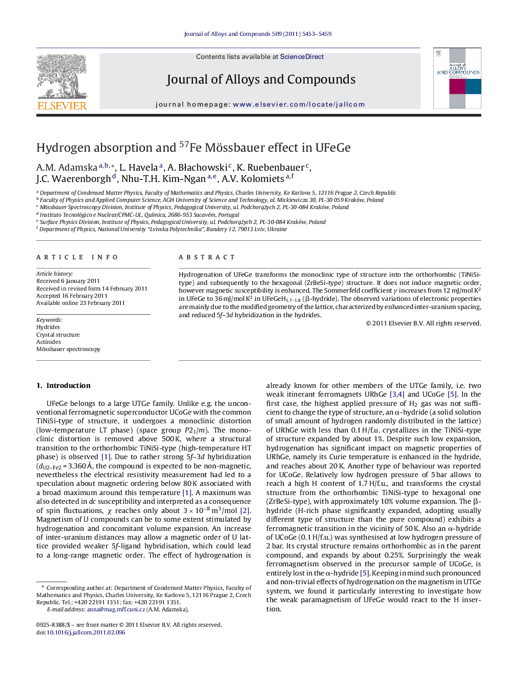 Hydrogen absorption and 57Fe Mössbauer effect in UFeGe