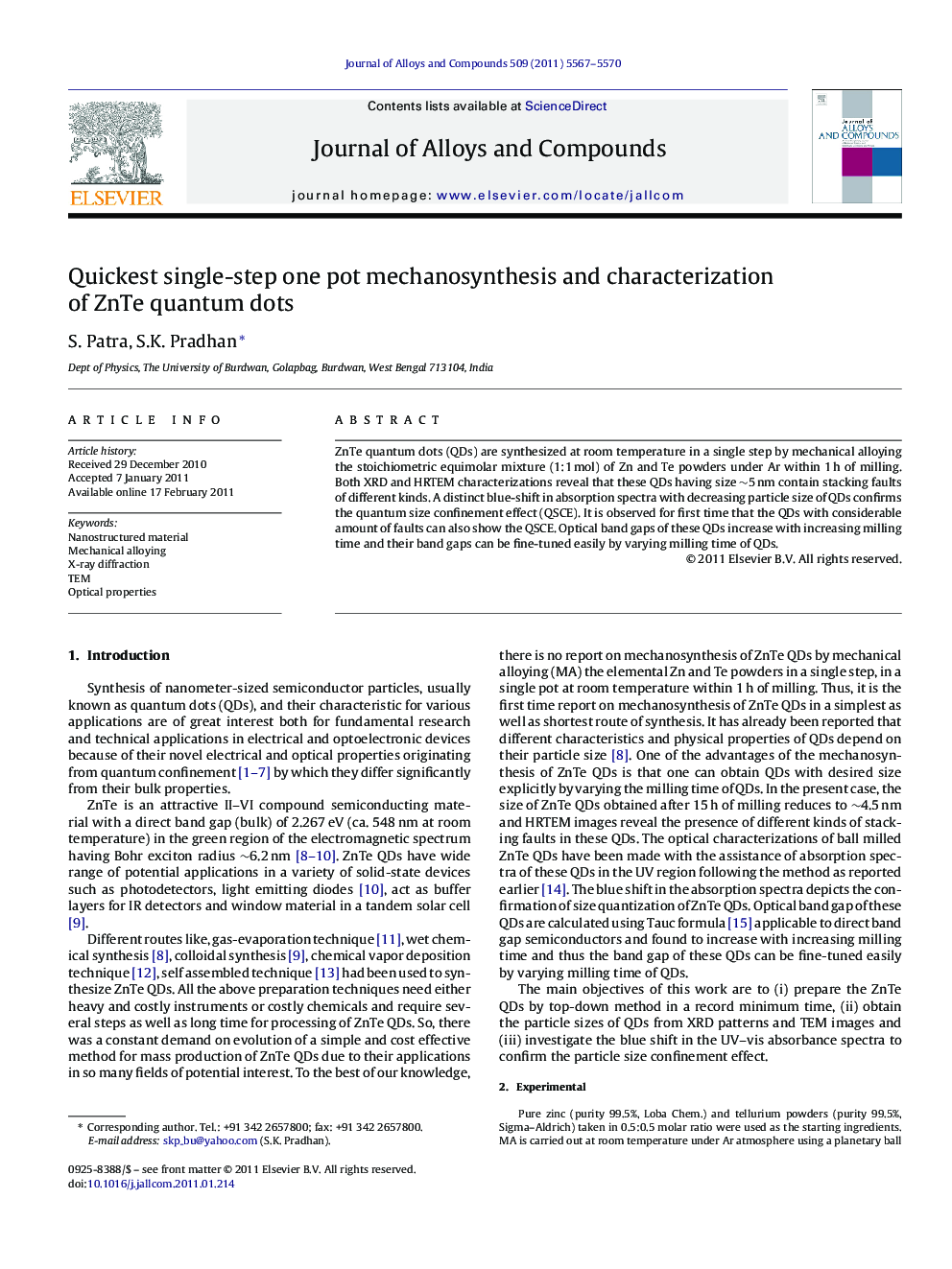 Quickest single-step one pot mechanosynthesis and characterization of ZnTe quantum dots