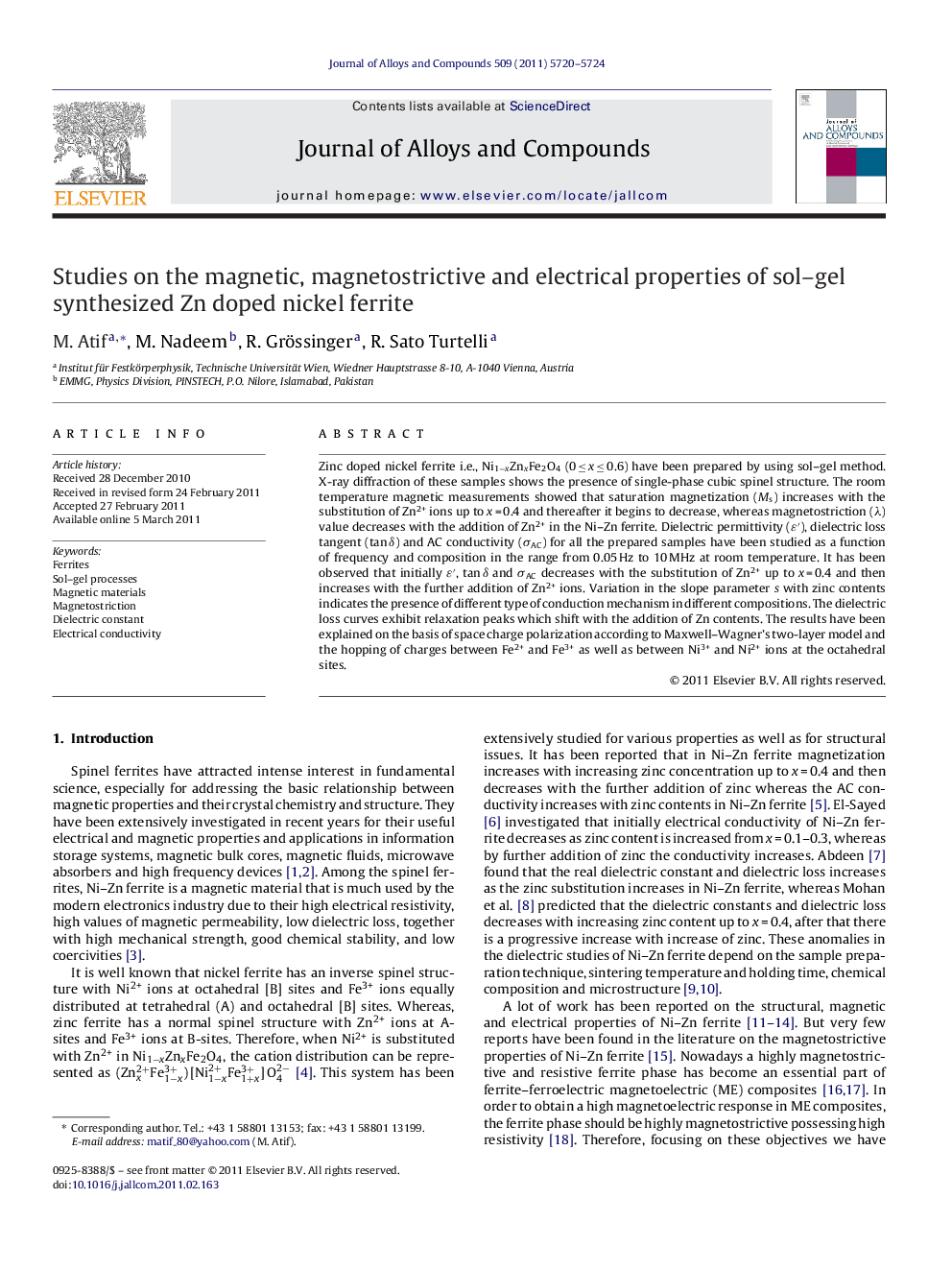 Studies on the magnetic, magnetostrictive and electrical properties of sol–gel synthesized Zn doped nickel ferrite