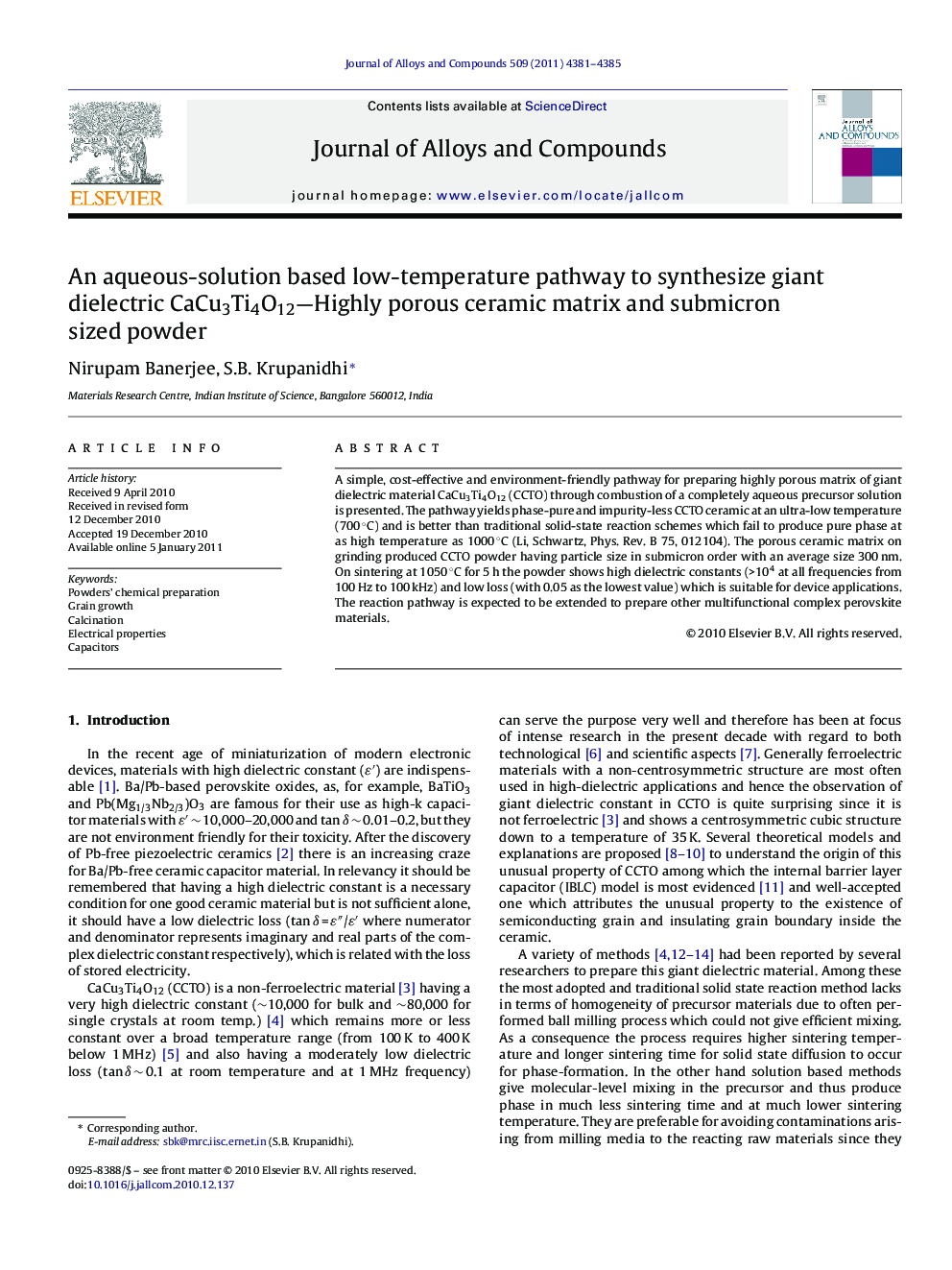 An aqueous-solution based low-temperature pathway to synthesize giant dielectric CaCu3Ti4O12—Highly porous ceramic matrix and submicron sized powder