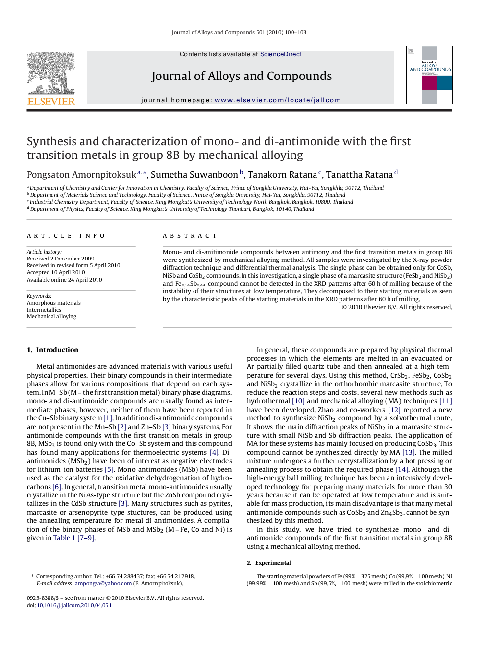 Synthesis and characterization of mono- and di-antimonide with the first transition metals in group 8B by mechanical alloying