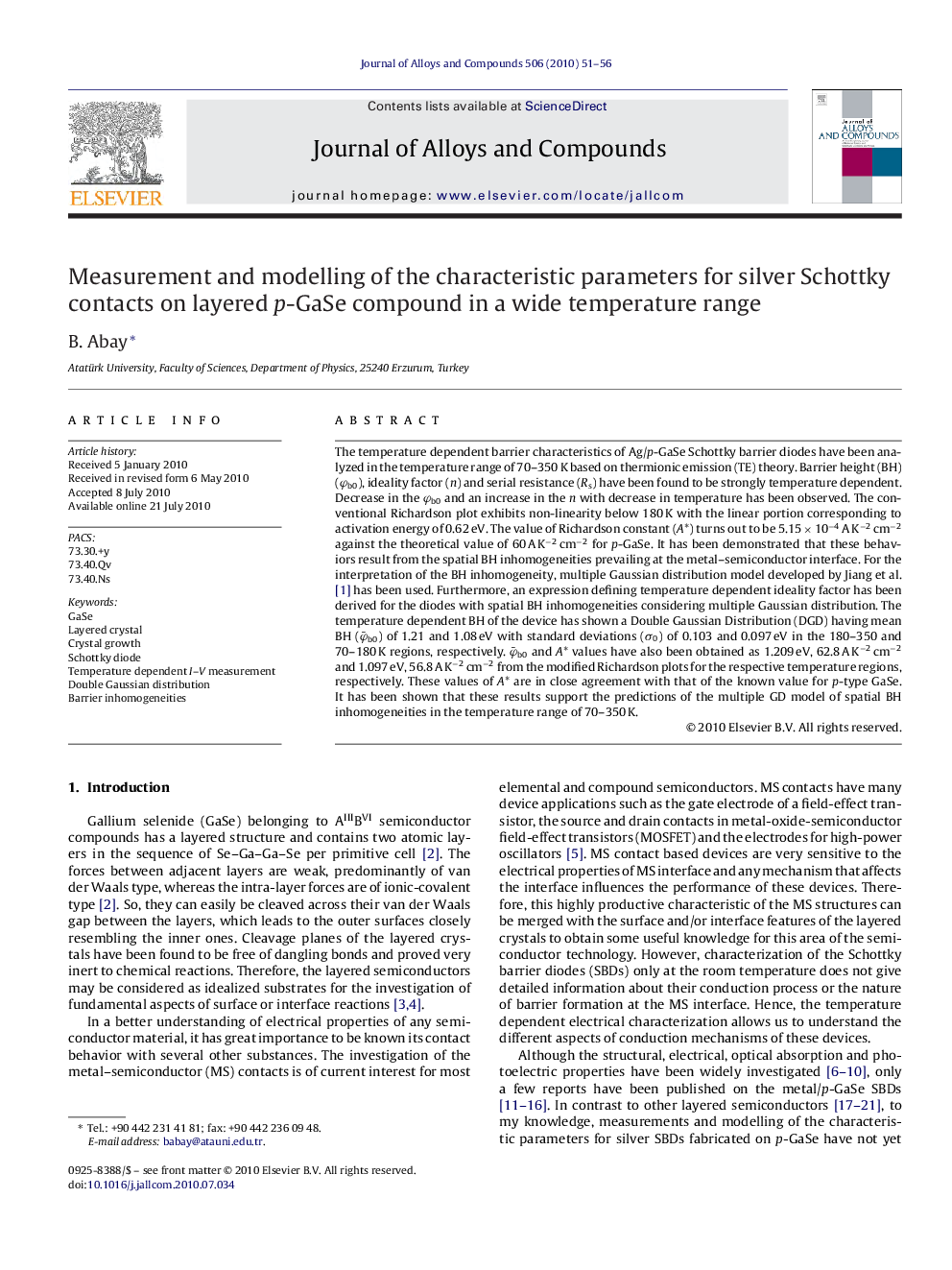 Measurement and modelling of the characteristic parameters for silver Schottky contacts on layered p-GaSe compound in a wide temperature range