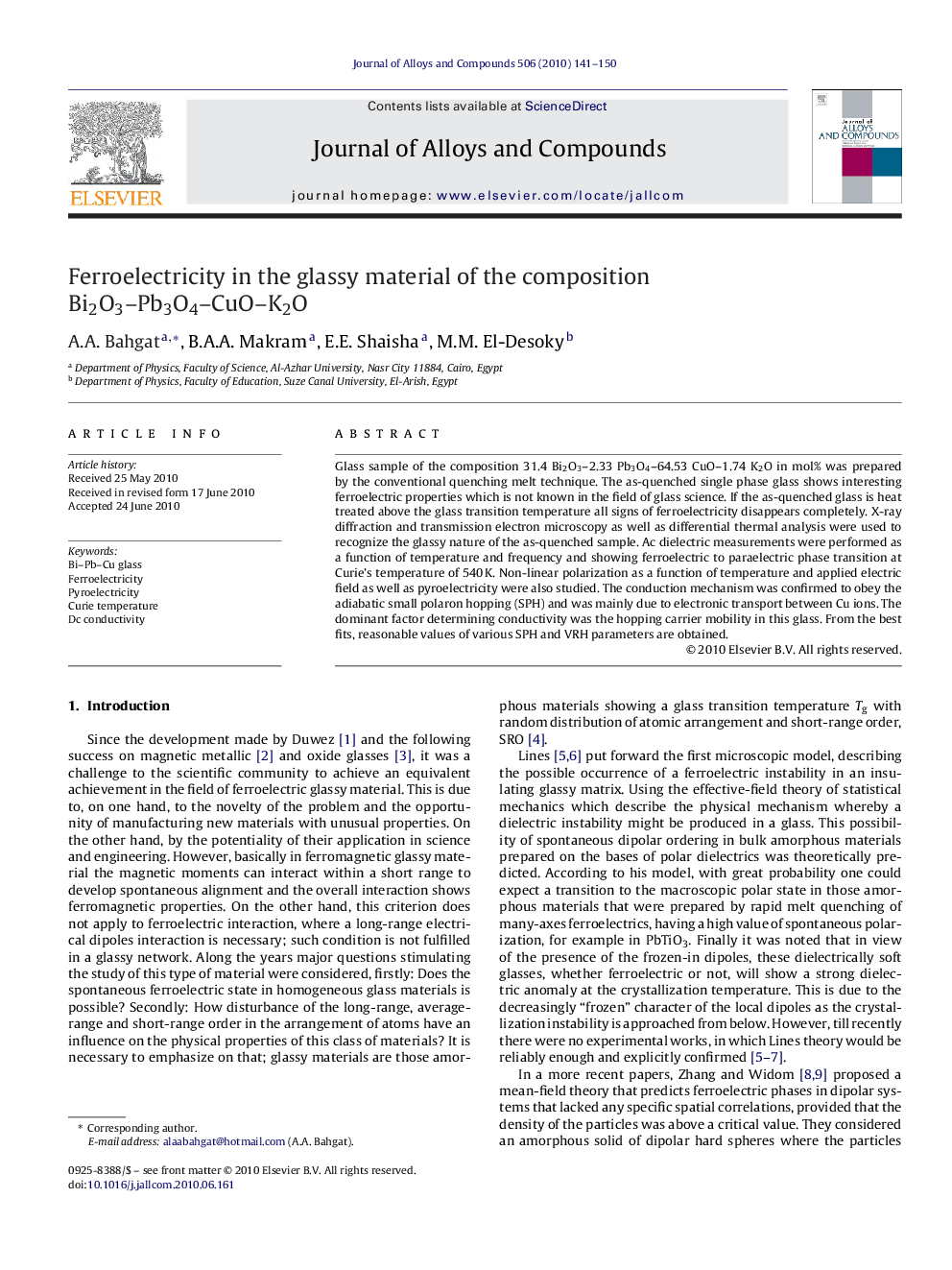 Ferroelectricity in the glassy material of the composition Bi2O3–Pb3O4–CuO–K2O