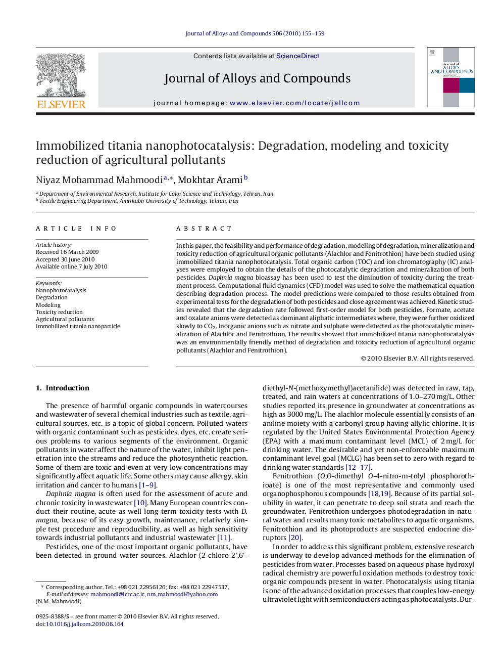 Immobilized titania nanophotocatalysis: Degradation, modeling and toxicity reduction of agricultural pollutants