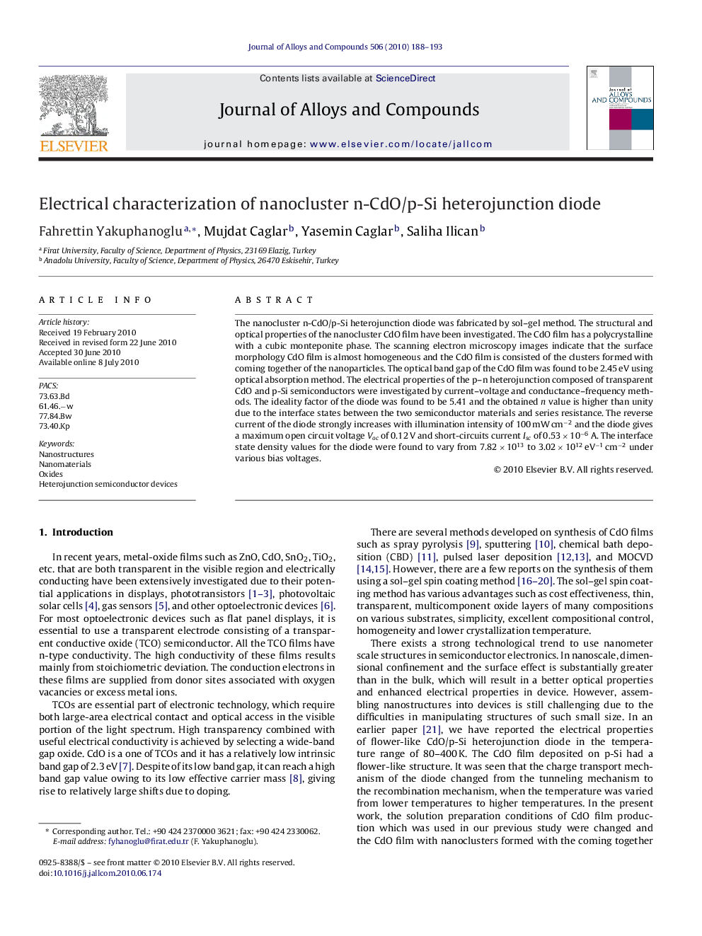 Electrical characterization of nanocluster n-CdO/p-Si heterojunction diode