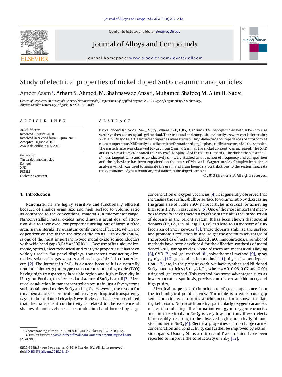 Study of electrical properties of nickel doped SnO2 ceramic nanoparticles