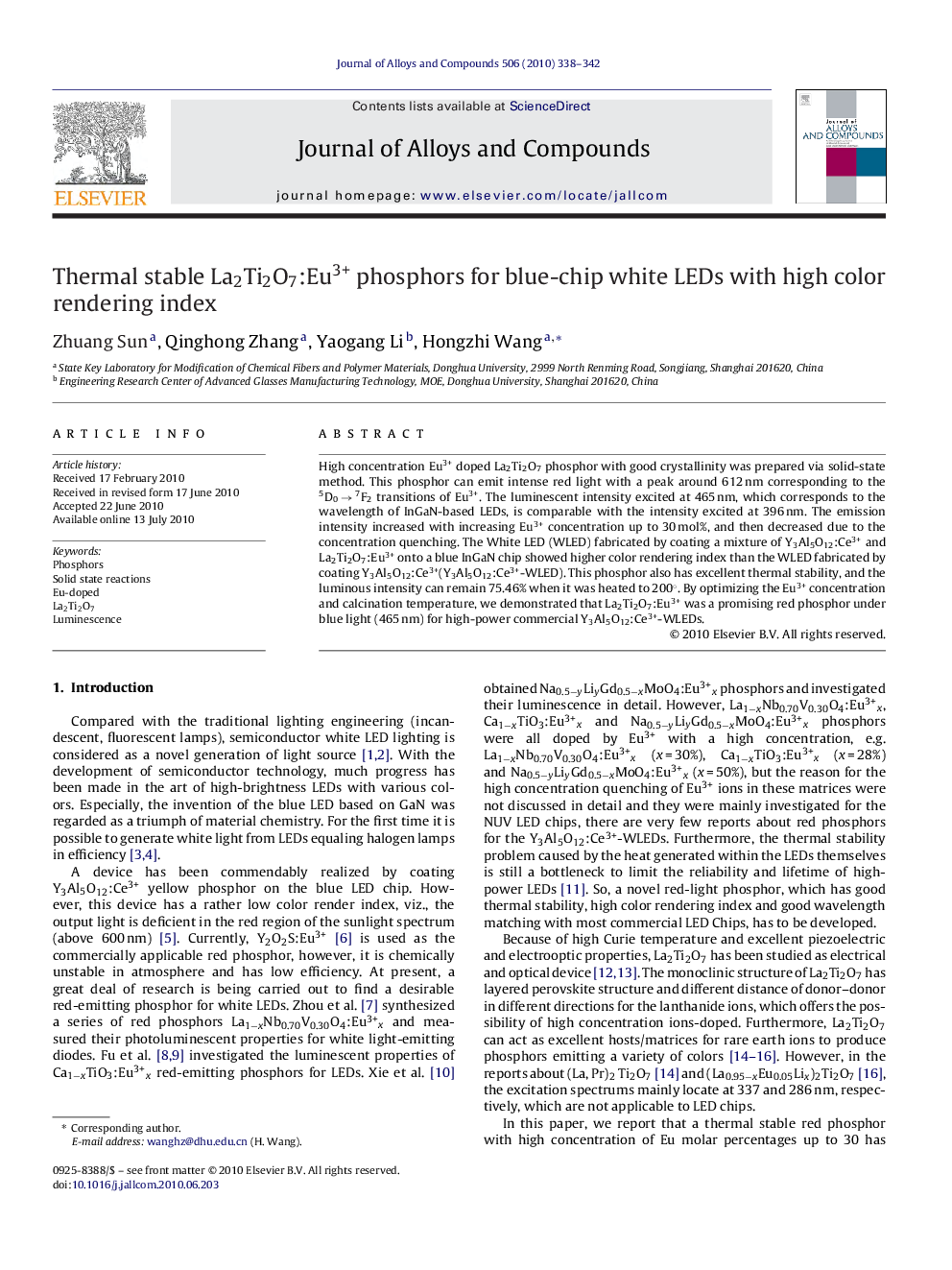 Thermal stable La2Ti2O7:Eu3+ phosphors for blue-chip white LEDs with high color rendering index