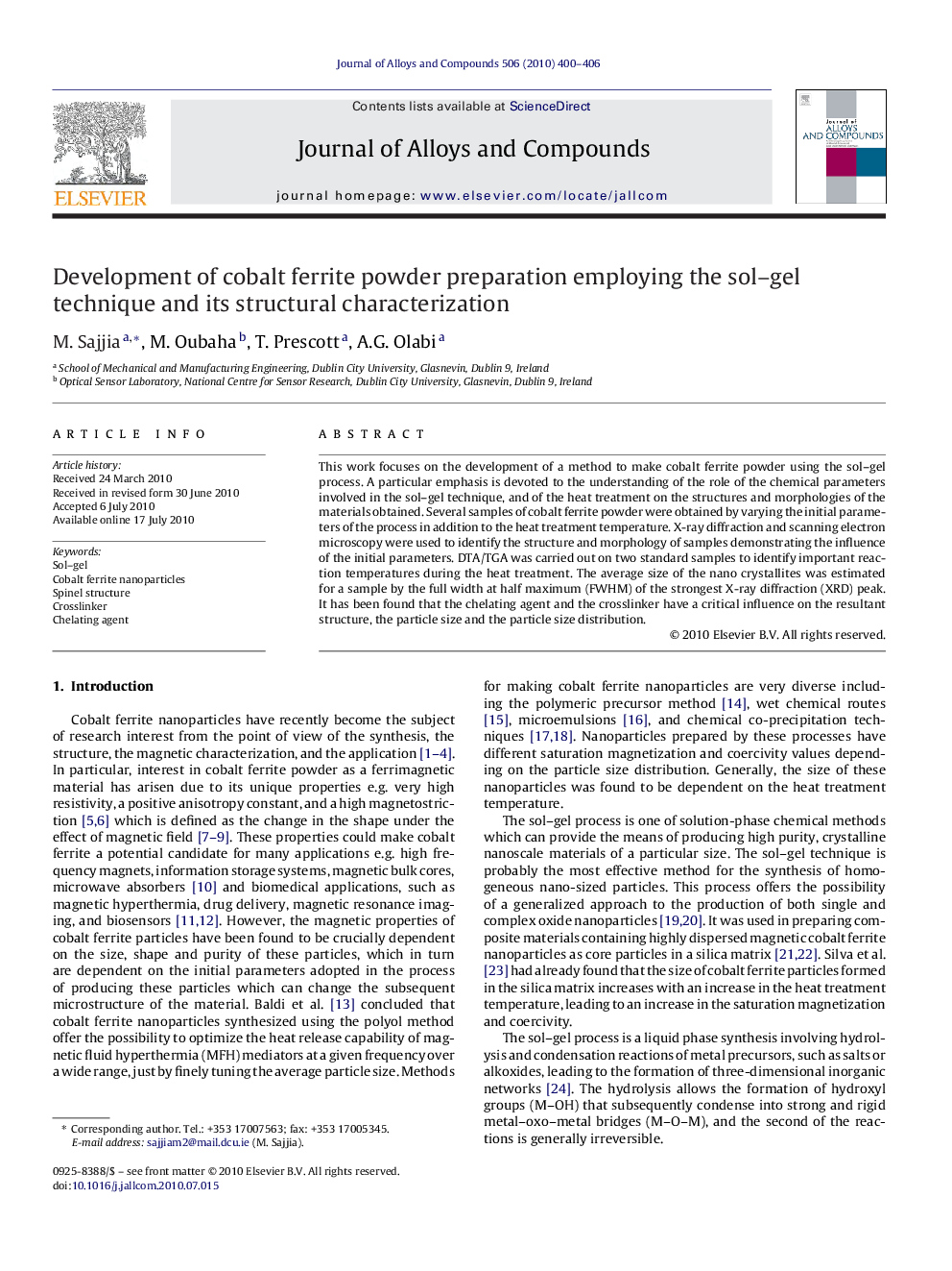 Development of cobalt ferrite powder preparation employing the sol–gel technique and its structural characterization