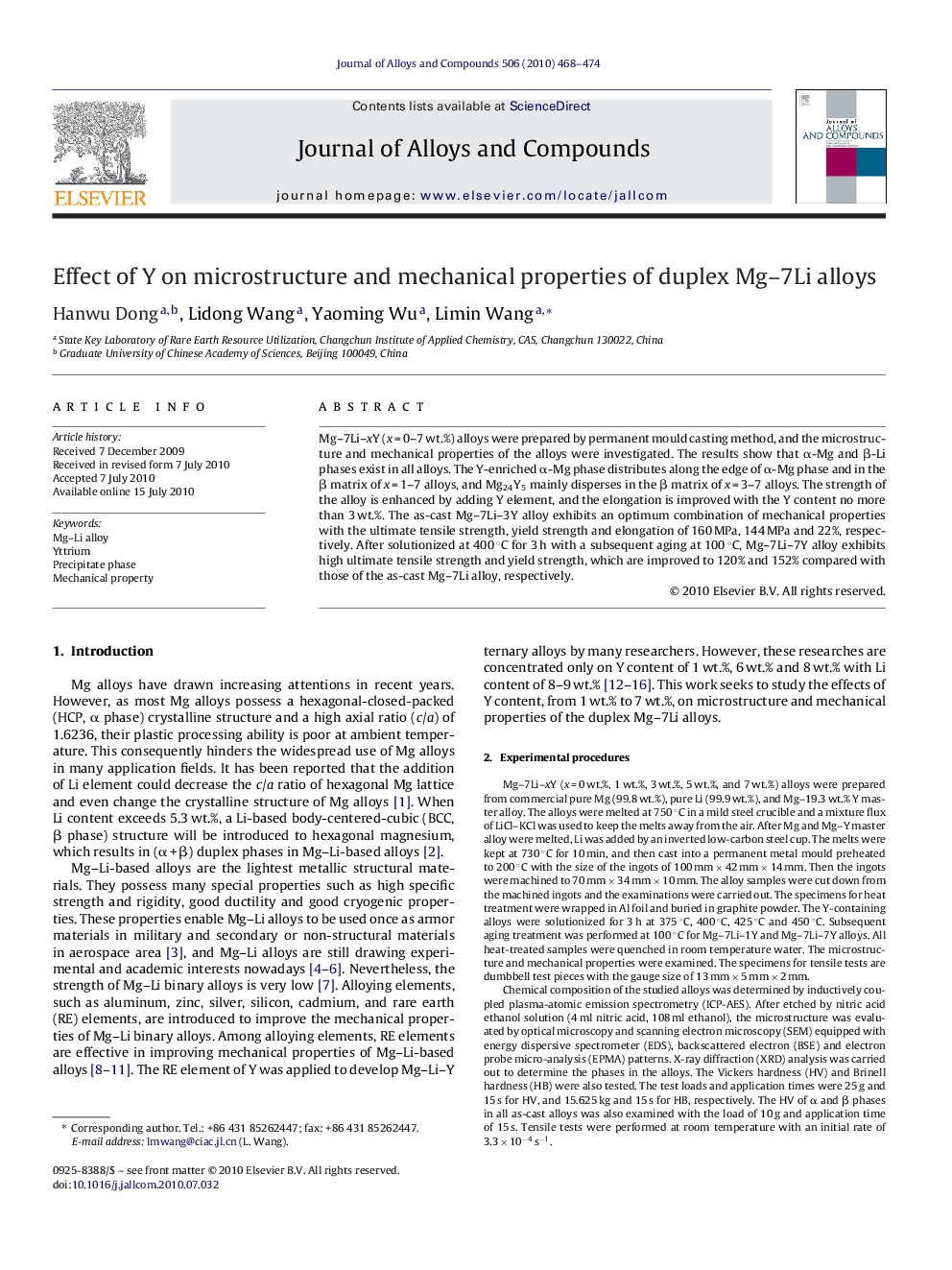 Effect of Y on microstructure and mechanical properties of duplex Mg–7Li alloys