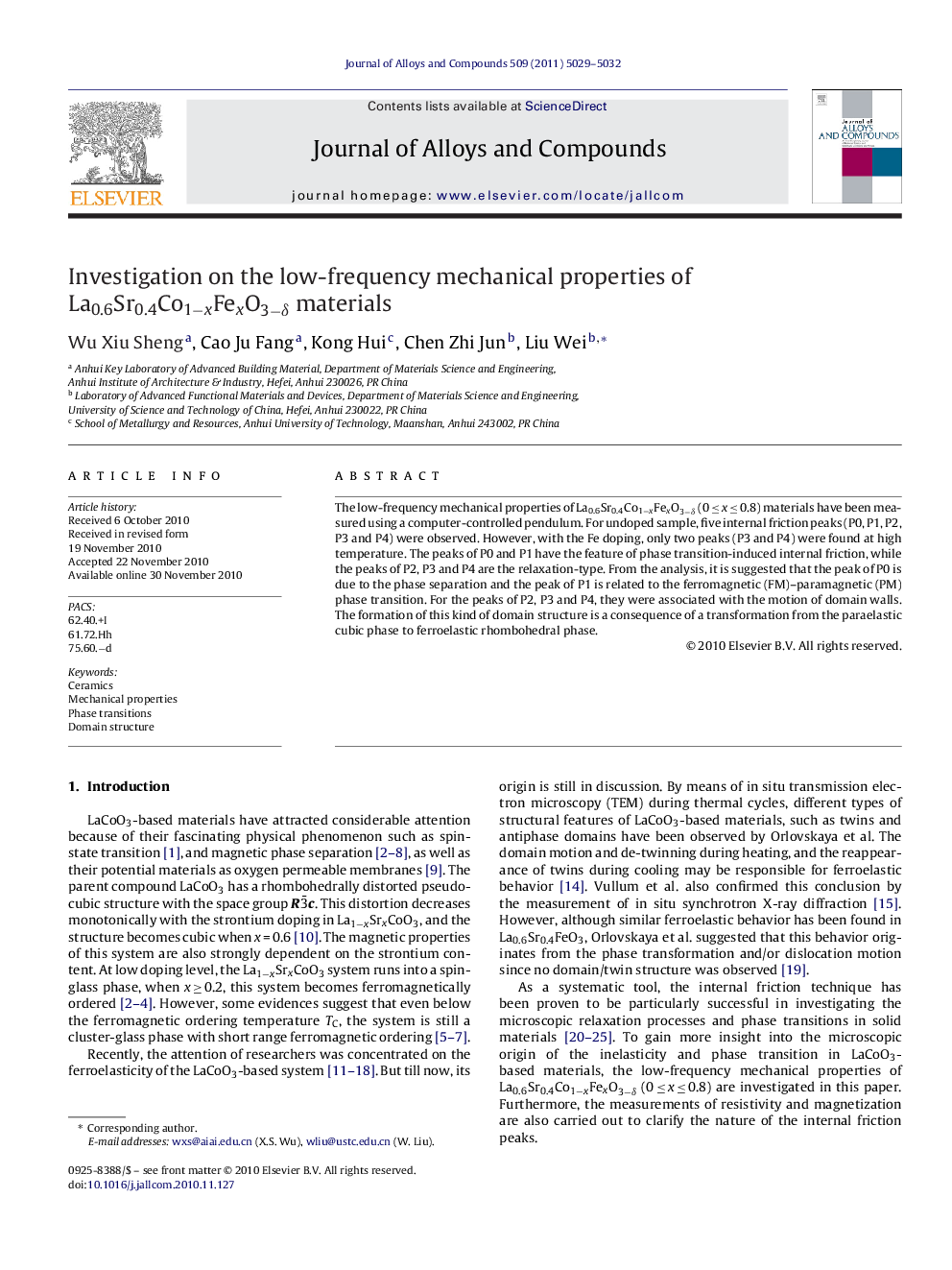 Investigation on the low-frequency mechanical properties of La0.6Sr0.4Co1−xFexO3−δ materials