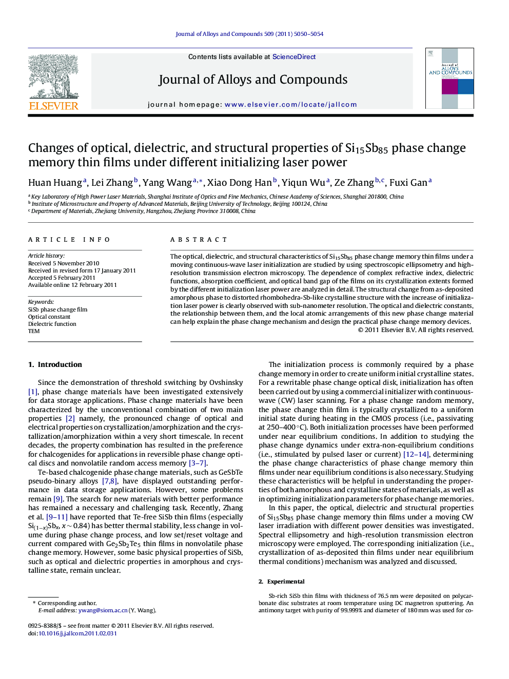 Changes of optical, dielectric, and structural properties of Si15Sb85 phase change memory thin films under different initializing laser power