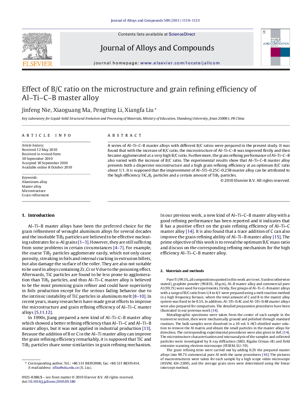 Effect of B/C ratio on the microstructure and grain refining efficiency of Al–Ti–C–B master alloy