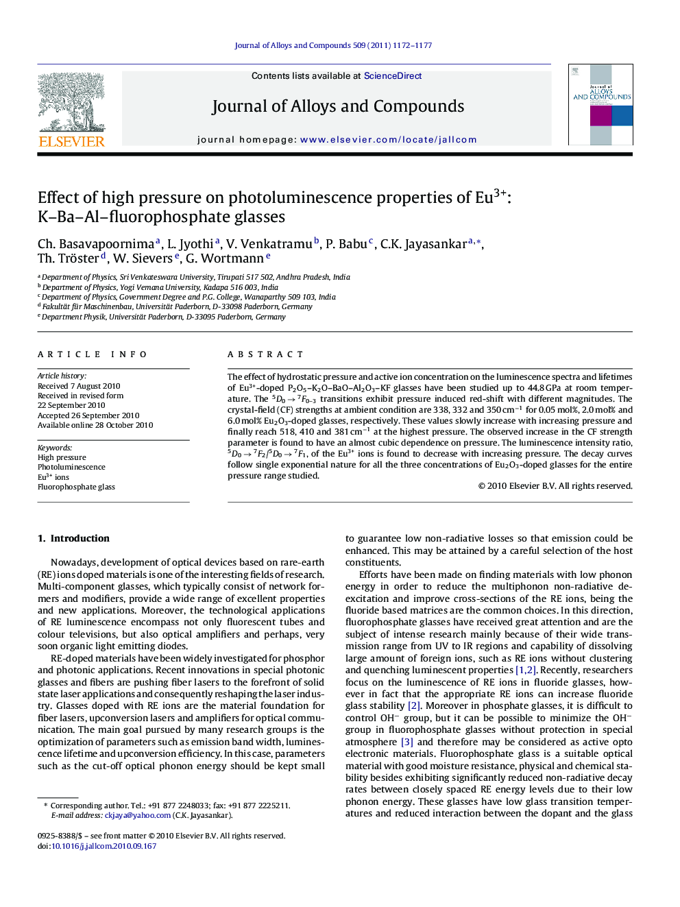 Effect of high pressure on photoluminescence properties of Eu3+: K–Ba–Al–fluorophosphate glasses