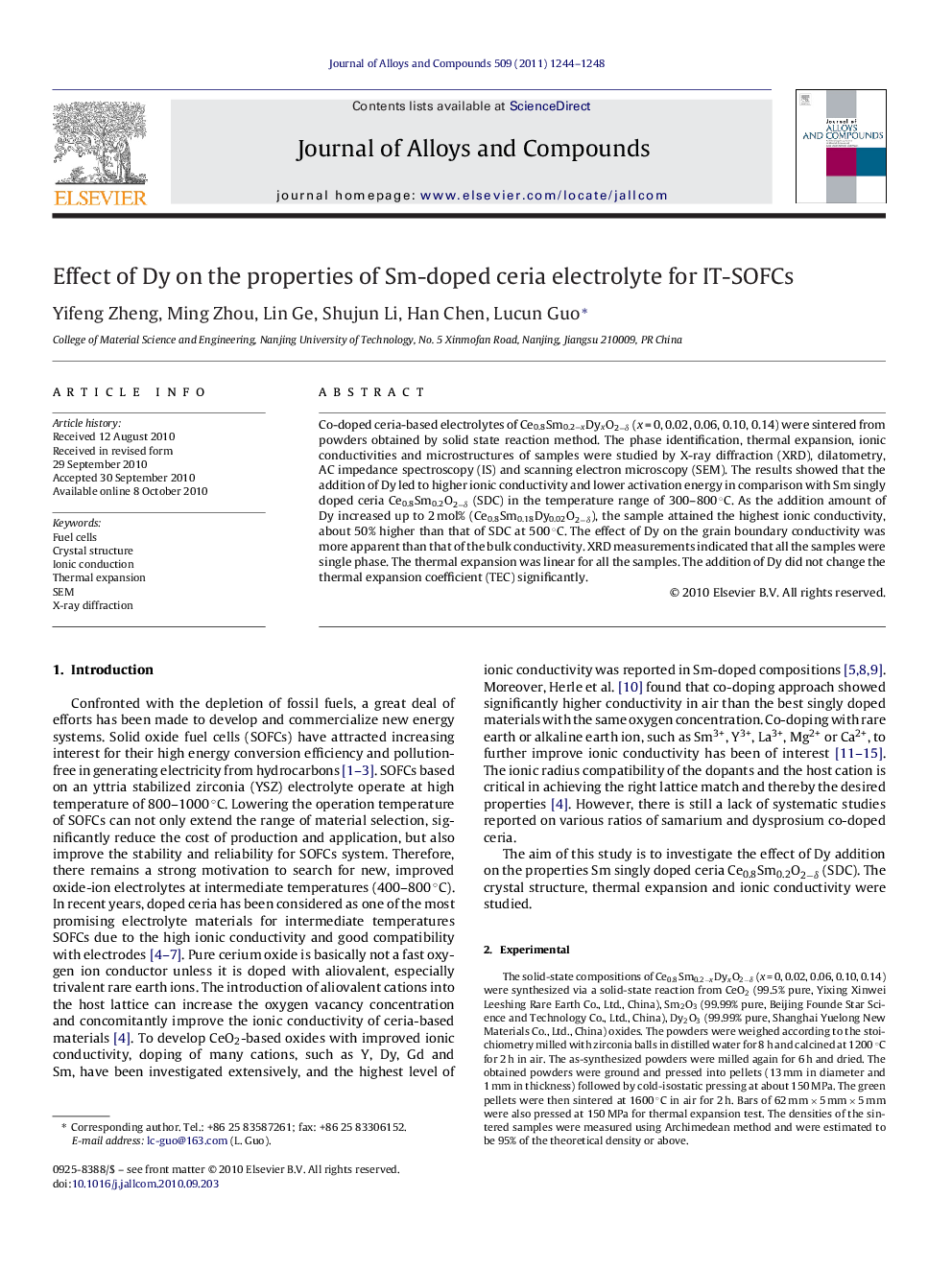 Effect of Dy on the properties of Sm-doped ceria electrolyte for IT-SOFCs