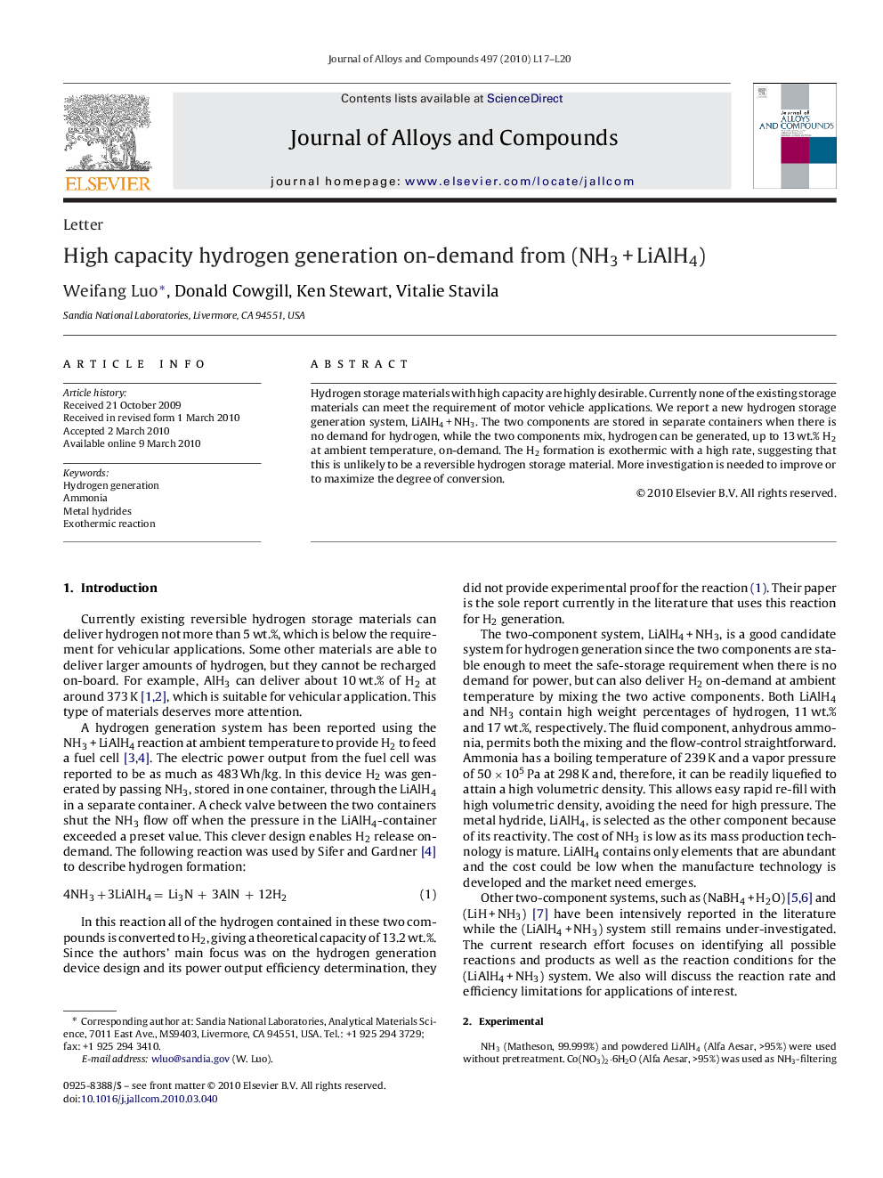 High capacity hydrogen generation on-demand from (NH3 + LiAlH4)