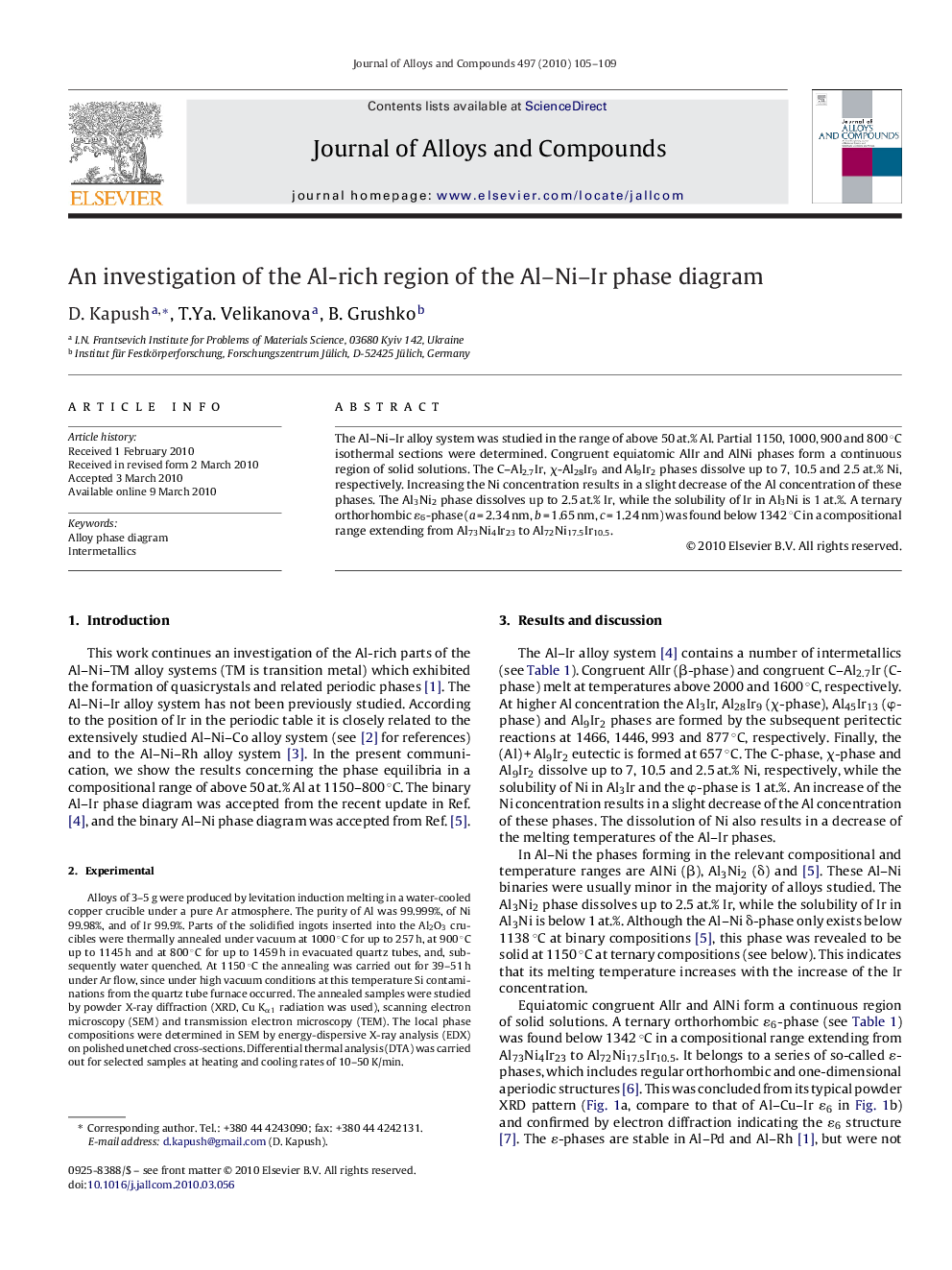 عکس صفحه اول مقاله: An investigation of the Al-rich region of the Al–Ni–Ir phase diagram An investigation of the Al-rich region of the Al–Ni–Ir phase diagram