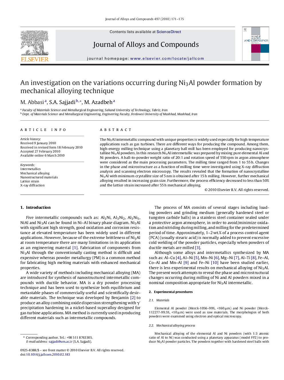 An investigation on the variations occurring during Ni3Al powder formation by mechanical alloying technique